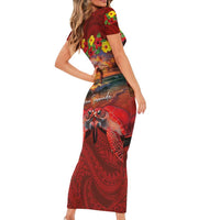 Hawaiian Turtle Love Couple Short Sleeve Bodycon Dress Ocean Serenade - Honu Honi Ihu with Hibiscus and Romantic Sunset Red Color LT03 - Polynesian Pride