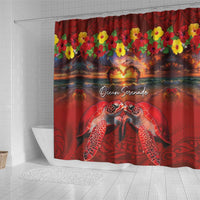 Hawaiian Turtle Love Couple Shower Curtain Ocean Serenade - Honu Honi Ihu with Hibiscus and Romantic Sunset Red Color LT03 - Polynesian Pride