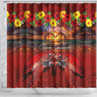 Hawaiian Turtle Love Couple Shower Curtain Ocean Serenade - Honu Honi Ihu with Hibiscus and Romantic Sunset Red Color LT03 - Polynesian Pride