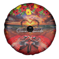 Hawaiian Turtle Love Couple Spare Tire Cover Ocean Serenade - Honu Honi Ihu with Hibiscus and Romantic Sunset Red Color LT03 - Polynesian Pride