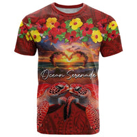 Hawaiian Turtle Love Couple T Shirt Ocean Serenade - Honu Honi Ihu with Hibiscus and Romantic Sunset Red Color LT03 Red - Polynesian Pride