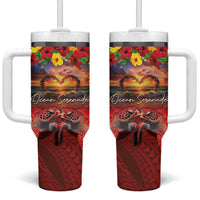 Hawaiian Turtle Love Couple Tumbler With Handle Ocean Serenade - Honu Honi Ihu with Hibiscus and Romantic Sunset Red Color LT03 One Size: 40 oz Red - Polynesian Pride
