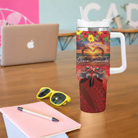 Hawaiian Turtle Love Couple Tumbler With Handle Ocean Serenade - Honu Honi Ihu with Hibiscus and Romantic Sunset Red Color LT03 - Polynesian Pride