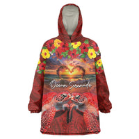 Hawaiian Turtle Love Couple Wearable Blanket Hoodie Ocean Serenade - Honu Honi Ihu with Hibiscus and Romantic Sunset Red Color LT03 One Size Red - Polynesian Pride