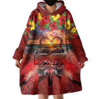 Hawaiian Turtle Love Couple Wearable Blanket Hoodie Ocean Serenade - Honu Honi Ihu with Hibiscus and Romantic Sunset Red Color LT03 - Polynesian Pride