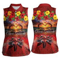 Hawaiian Turtle Love Couple Women Sleeveless Polo Shirt Ocean Serenade - Honu Honi Ihu with Hibiscus and Romantic Sunset Red Color LT03 - Polynesian Pride