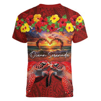 Hawaiian Turtle Love Couple Women V-Neck T-Shirt Ocean Serenade - Honu Honi Ihu with Hibiscus and Romantic Sunset Red Color LT03 - Polynesian Pride