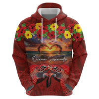 Hawaiian Turtle Love Couple Zip Hoodie Ocean Serenade - Honu Honi Ihu with Hibiscus and Romantic Sunset Red Color LT03 - Polynesian Pride