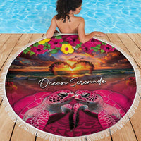 Hawaiian Turtle Love Couple Beach Blanket Ocean Serenade - Honu Honi Ihu with Hibiscus and Romantic Sunset Pink Color LT03 - Polynesian Pride