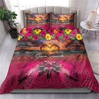 Hawaiian Turtle Love Couple Bedding Set Ocean Serenade - Honu Honi Ihu with Hibiscus and Romantic Sunset Pink Color LT03 - Polynesian Pride