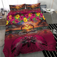 Hawaiian Turtle Love Couple Bedding Set Ocean Serenade - Honu Honi Ihu with Hibiscus and Romantic Sunset Pink Color LT03 - Polynesian Pride