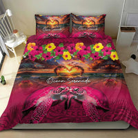 Hawaiian Turtle Love Couple Bedding Set Ocean Serenade - Honu Honi Ihu with Hibiscus and Romantic Sunset Pink Color LT03 - Polynesian Pride