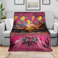 Hawaiian Turtle Love Couple Blanket Ocean Serenade - Honu Honi Ihu with Hibiscus and Romantic Sunset Pink Color LT03 - Polynesian Pride