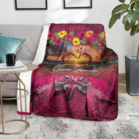 Hawaiian Turtle Love Couple Blanket Ocean Serenade - Honu Honi Ihu with Hibiscus and Romantic Sunset Pink Color LT03 - Polynesian Pride