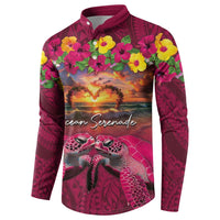 Hawaiian Turtle Love Couple Button Sweatshirt Ocean Serenade - Honu Honi Ihu with Hibiscus and Romantic Sunset Pink Color LT03 - Polynesian Pride