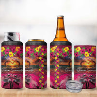 Hawaiian Turtle Love Couple 4 in 1 Can Cooler Tumbler Ocean Serenade - Honu Honi Ihu with Hibiscus and Romantic Sunset Pink Color LT03 - Polynesian Pride