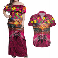 Hawaiian Turtle Love Couple Couples Matching Off Shoulder Maxi Dress and Hawaiian Shirt Ocean Serenade - Honu Honi Ihu with Hibiscus and Romantic Sunset Pink Color LT03 Pink - Polynesian Pride