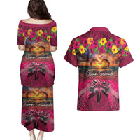 Hawaiian Turtle Love Couple Couples Matching Puletasi and Hawaiian Shirt Ocean Serenade - Honu Honi Ihu with Hibiscus and Romantic Sunset Pink Color LT03 - Polynesian Pride