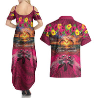 Hawaiian Turtle Love Couple Couples Matching Summer Maxi Dress and Hawaiian Shirt Ocean Serenade - Honu Honi Ihu with Hibiscus and Romantic Sunset Pink Color