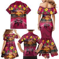 Hawaiian Turtle Love Couple Family Matching Mermaid Dress and Hawaiian Shirt Ocean Serenade - Honu Honi Ihu with Hibiscus and Romantic Sunset Pink Color LT03 - Polynesian Pride