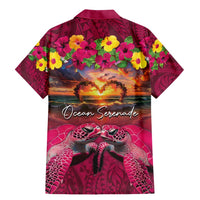 Hawaiian Turtle Love Couple Family Matching Mermaid Dress and Hawaiian Shirt Ocean Serenade - Honu Honi Ihu with Hibiscus and Romantic Sunset Pink Color LT03 - Polynesian Pride