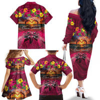 Hawaiian Turtle Love Couple Family Matching Off The Shoulder Long Sleeve Dress and Hawaiian Shirt Ocean Serenade - Honu Honi Ihu with Hibiscus and Romantic Sunset Pink Color LT03 - Polynesian Pride