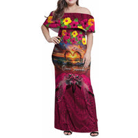 Hawaiian Turtle Love Couple Family Matching Off Shoulder Maxi Dress and Hawaiian Shirt Ocean Serenade - Honu Honi Ihu with Hibiscus and Romantic Sunset Pink Color LT03 Mom's Dress Pink - Polynesian Pride