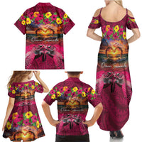 Hawaiian Turtle Love Couple Family Matching Summer Maxi Dress and Hawaiian Shirt Ocean Serenade - Honu Honi Ihu with Hibiscus and Romantic Sunset Pink Color