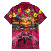 Hawaiian Turtle Love Couple Family Matching Tank Maxi Dress and Hawaiian Shirt Ocean Serenade - Honu Honi Ihu with Hibiscus and Romantic Sunset Pink Color