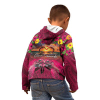Hawaiian Turtle Love Couple Kid Hoodie Ocean Serenade - Honu Honi Ihu with Hibiscus and Romantic Sunset Pink Color LT03 - Polynesian Pride