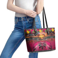 Hawaiian Turtle Love Couple Leather Tote Bag Ocean Serenade - Honu Honi Ihu with Hibiscus and Romantic Sunset Pink Color LT03 - Polynesian Pride