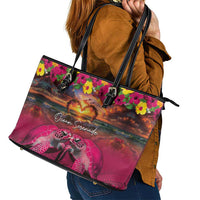 Hawaiian Turtle Love Couple Leather Tote Bag Ocean Serenade - Honu Honi Ihu with Hibiscus and Romantic Sunset Pink Color LT03 - Polynesian Pride