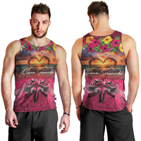 Hawaiian Turtle Love Couple Men Tank Top Ocean Serenade - Honu Honi Ihu with Hibiscus and Romantic Sunset Pink Color LT03 - Polynesian Pride