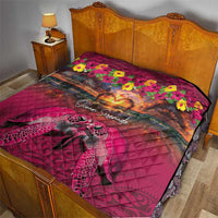 Hawaiian Turtle Love Couple Quilt Ocean Serenade - Honu Honi Ihu with Hibiscus and Romantic Sunset Pink Color LT03 - Polynesian Pride