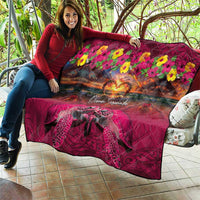 Hawaiian Turtle Love Couple Quilt Ocean Serenade - Honu Honi Ihu with Hibiscus and Romantic Sunset Pink Color LT03 - Polynesian Pride