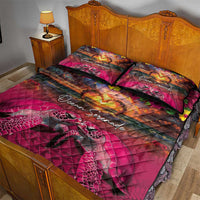 Hawaiian Turtle Love Couple Quilt Bed Set Ocean Serenade - Honu Honi Ihu with Hibiscus and Romantic Sunset Pink Color LT03 - Polynesian Pride