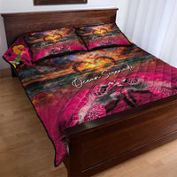 Hawaiian Turtle Love Couple Quilt Bed Set Ocean Serenade - Honu Honi Ihu with Hibiscus and Romantic Sunset Pink Color LT03 - Polynesian Pride