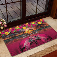 Hawaiian Turtle Love Couple Rubber Doormat Ocean Serenade - Honu Honi Ihu with Hibiscus and Romantic Sunset Pink Color LT03 - Polynesian Pride