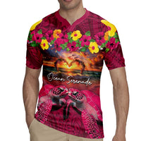 Hawaiian Turtle Love Couple Rugby Jersey Ocean Serenade - Honu Honi Ihu with Hibiscus and Romantic Sunset Pink Color LT03 - Polynesian Pride