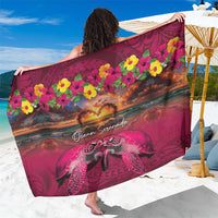Hawaiian Turtle Love Couple Sarong Ocean Serenade - Honu Honi Ihu with Hibiscus and Romantic Sunset Pink Color LT03 One Size 44 x 66 inches Pink - Polynesian Pride