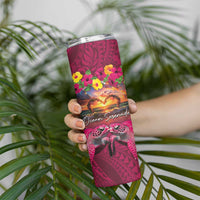 Hawaiian Turtle Love Couple Skinny Tumbler Ocean Serenade - Honu Honi Ihu with Hibiscus and Romantic Sunset Pink Color LT03 - Polynesian Pride