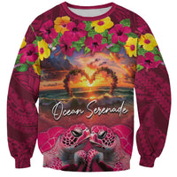 Hawaiian Turtle Love Couple Sweatshirt Ocean Serenade - Honu Honi Ihu with Hibiscus and Romantic Sunset Pink Color LT03 Unisex Pink - Polynesian Pride