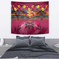Hawaiian Turtle Love Couple Tapestry Ocean Serenade - Honu Honi Ihu with Hibiscus and Romantic Sunset Pink Color LT03 - Polynesian Pride