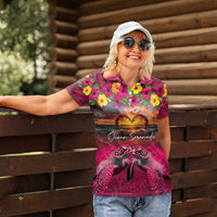 Hawaiian Turtle Love Couple Women Polo Shirt Ocean Serenade - Honu Honi Ihu with Hibiscus and Romantic Sunset Pink Color LT03 - Polynesian Pride