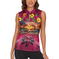 Hawaiian Turtle Love Couple Women Sleeveless Polo Shirt Ocean Serenade - Honu Honi Ihu with Hibiscus and Romantic Sunset Pink Color LT03 - Polynesian Pride