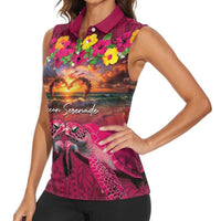 Hawaiian Turtle Love Couple Women Sleeveless Polo Shirt Ocean Serenade - Honu Honi Ihu with Hibiscus and Romantic Sunset Pink Color LT03 - Polynesian Pride