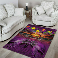 Hawaiian Turtle Love Couple Area Rug Ocean Serenade - Honu Honi Ihu with Hibiscus and Romantic Sunset Purple Color LT03 - Polynesian Pride