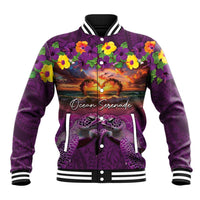 Hawaiian Turtle Love Couple Baseball Jacket Ocean Serenade - Honu Honi Ihu with Hibiscus and Romantic Sunset Purple Color LT03 Unisex Purple - Polynesian Pride