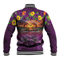 Hawaiian Turtle Love Couple Baseball Jacket Ocean Serenade - Honu Honi Ihu with Hibiscus and Romantic Sunset Purple Color LT03 - Polynesian Pride