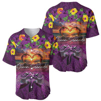 Hawaiian Turtle Love Couple Baseball Jersey Ocean Serenade - Honu Honi Ihu with Hibiscus and Romantic Sunset Purple Color LT03 - Polynesian Pride